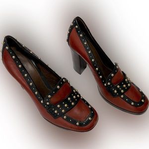 Burnt Orange, Black & Gold Studded Tory Burch Chocolate Brown Block Heels; Sz 11